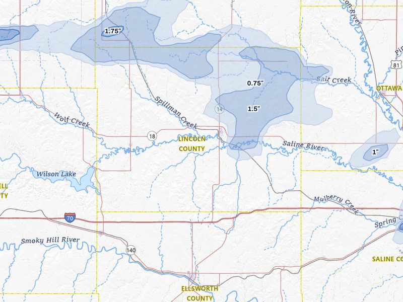 NEXRAD radar-signature map of the hail storm over Lincoln, KS on Jul 23, 2026