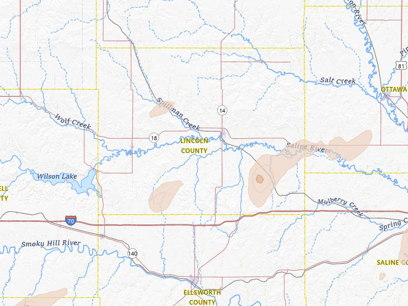 Radar-estimated hail-size map of the storm over Lincoln, KS on Aug 13, 2026