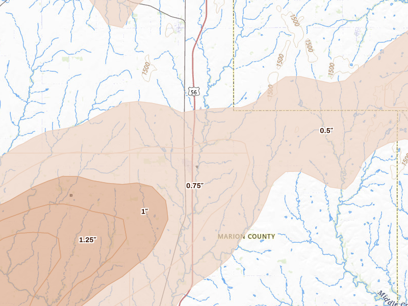 Radar-estimated hail-size map of the storm over Lincolnville, KS on Apr 23, 2026