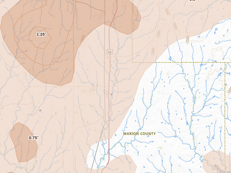 Radar-estimated hail-size map of the storm over Lincolnville, KS on Apr 26, 2026