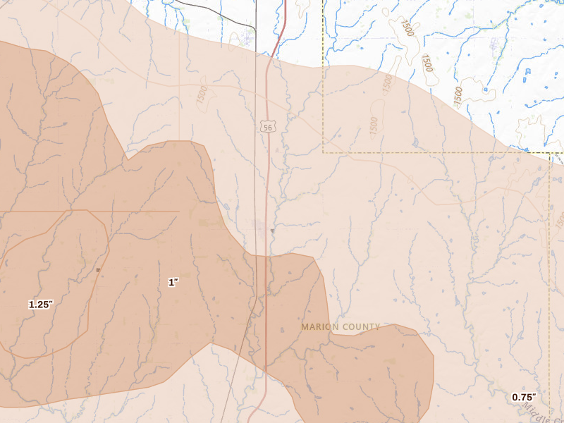 Radar-estimated hail-size map of the storm over Lincolnville, KS on Jun 8, 2026
