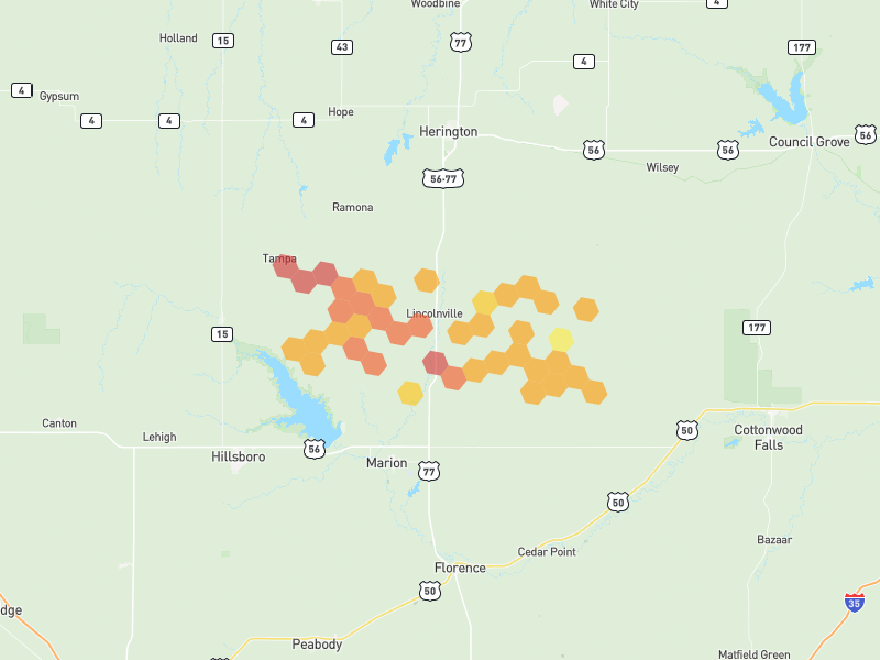 Hail map of Lincolnville, KS on Jun 9, 2026, hail up to 2.5"