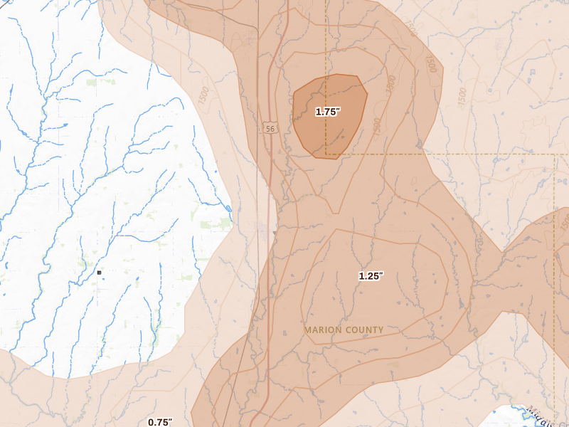 Radar-estimated hail-size map of the storm over Lincolnville, KS on Aug 6, 2026
