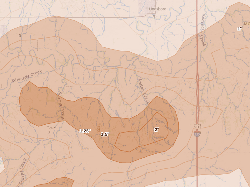 Radar-estimated hail-size map of the storm over Lindsborg, KS on Apr 26, 2026