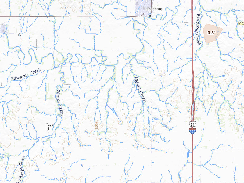 Radar-estimated hail-size map of the storm over Lindsborg, KS on Jun 19, 2026