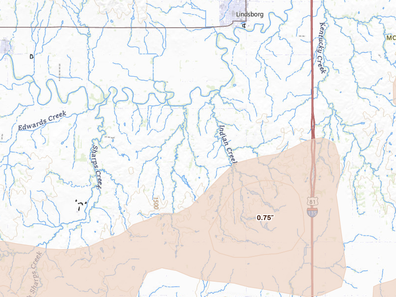 Radar-estimated hail-size map of the storm over Lindsborg, KS on Jul 9, 2026