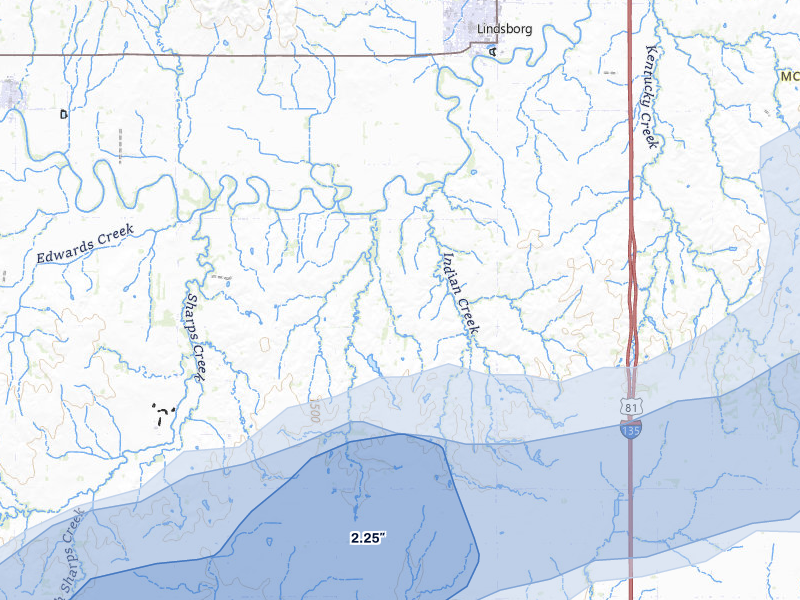 NEXRAD radar-signature map of the hail storm over Lindsborg, KS on Jul 9, 2026