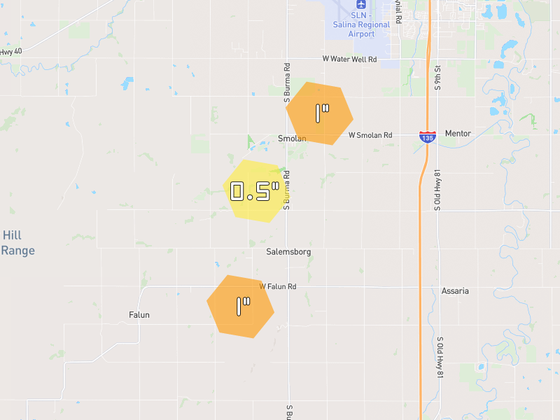 Hail map of Lindsborg, KS on Jul 10, 2026, hail up to 1"