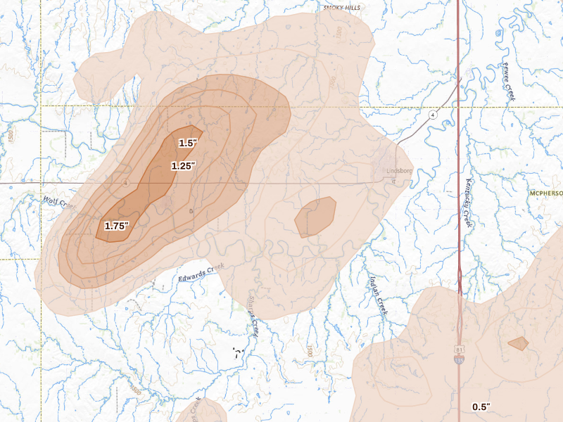 Radar-estimated hail-size map of the storm over Lindsborg, KS on Sep 19, 2026