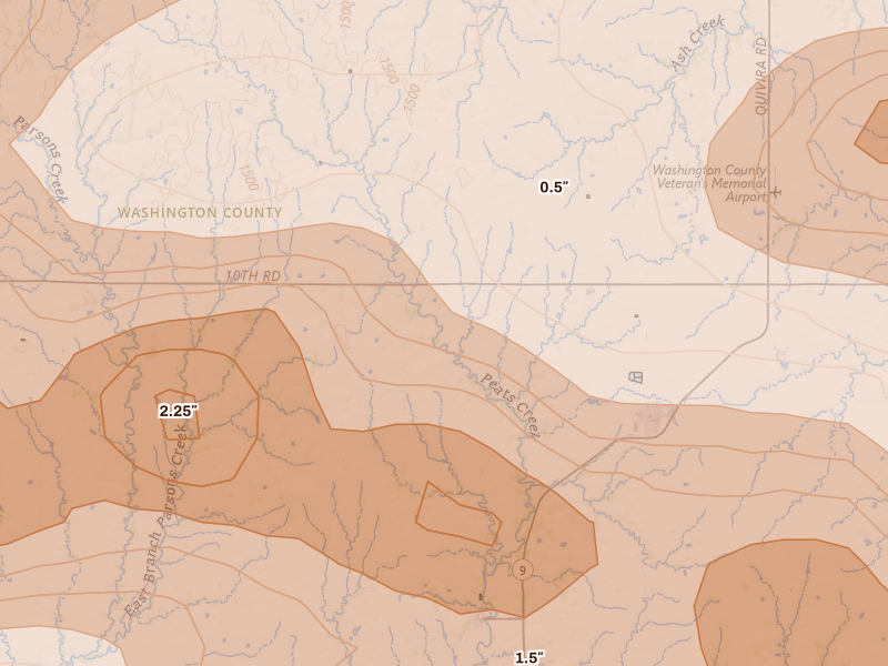 Radar-estimated hail-size map of the storm over Linn, KS on Apr 9, 2026