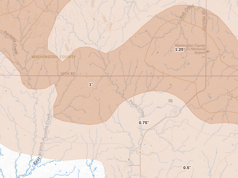 Radar-estimated hail-size map of the storm over Linn, KS on Jun 13, 2026