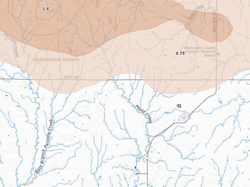Radar-estimated hail-size map of the storm over Linn, KS on Jul 3, 2026