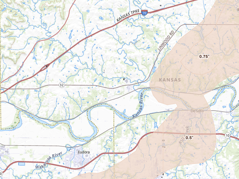 Radar-estimated hail-size map of the storm over Linwood, KS on Mar 10, 2026