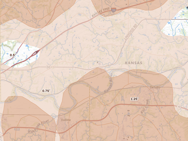 Radar-estimated hail-size map of the storm over Linwood, KS on Apr 26, 2026