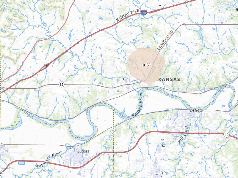 Radar-estimated hail-size map of the storm over Linwood, KS on Jun 8, 2026