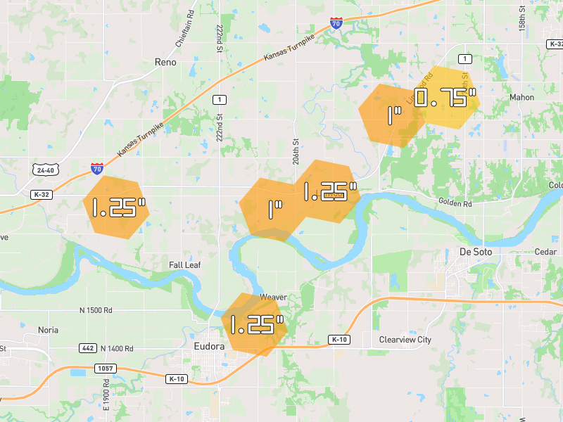 Hail map of Linwood, KS on Jun 9, 2026, hail up to 1.25"