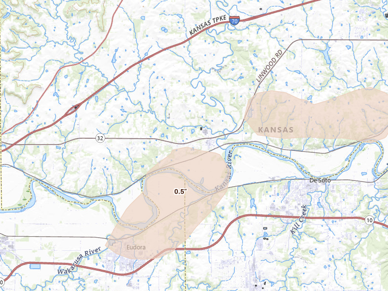 Radar-estimated hail-size map of the storm over Linwood, KS on Jul 9, 2026
