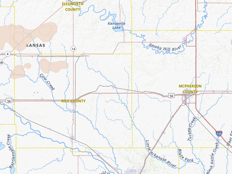 Radar-estimated hail-size map of the storm over Little River, KS on Apr 9, 2026