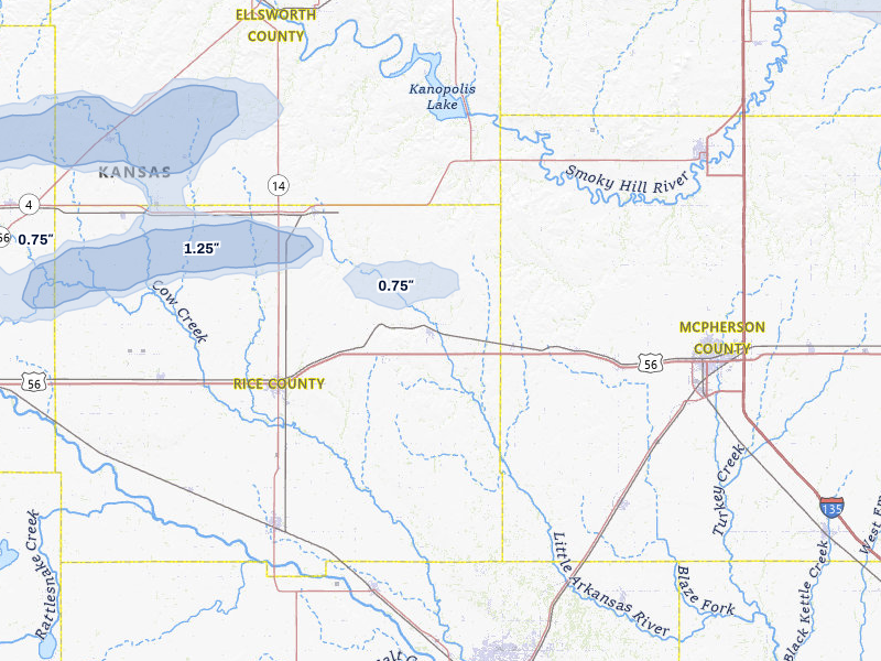 NEXRAD radar-signature map of the hail storm over Little River, KS on Apr 9, 2026