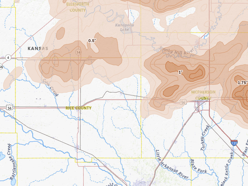 Radar-estimated hail-size map of the storm over Little River, KS on Apr 26, 2026