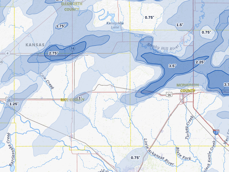 NEXRAD radar-signature map of the hail over Little River, KS