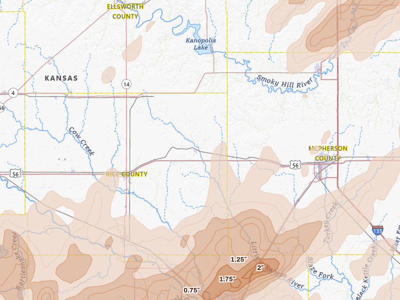 Radar-estimated hail-size map of the storm over Little River, KS on May 18, 2026