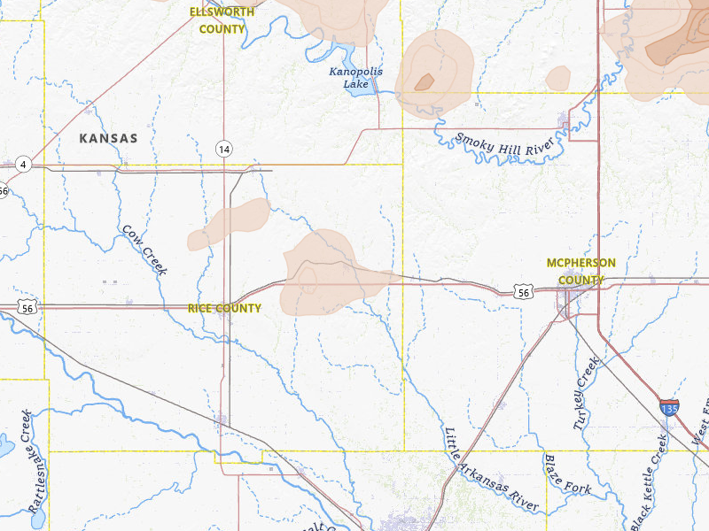 Radar-estimated hail-size map of the storm over Little River, KS on Jun 8, 2026