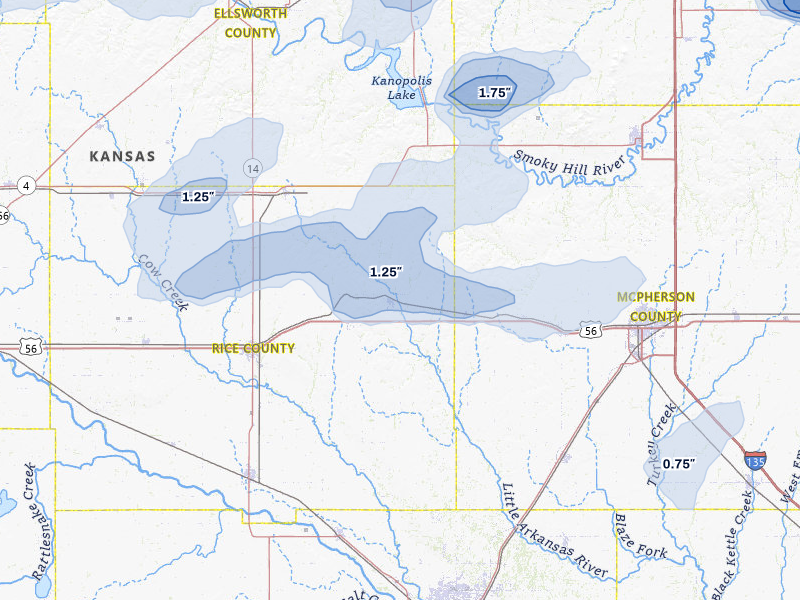 NEXRAD radar-signature map of the hail storm over Little River, KS on Jun 8, 2026