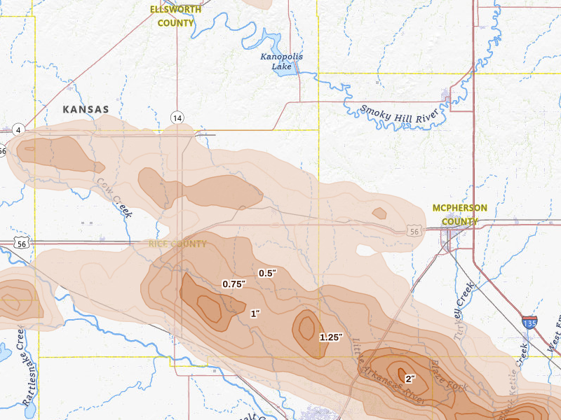 Radar-estimated hail-size map of the storm over Little River, KS on Jun 10, 2026