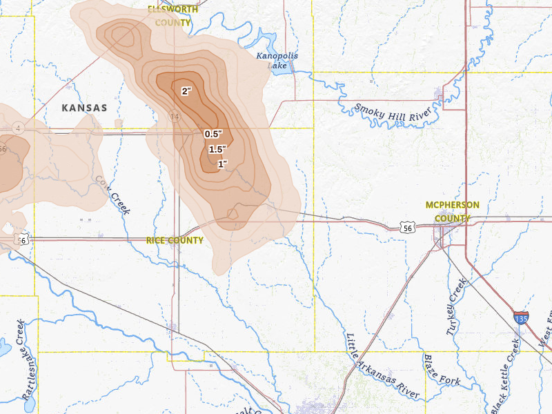 Radar-estimated hail-size map of the storm over Little River, KS