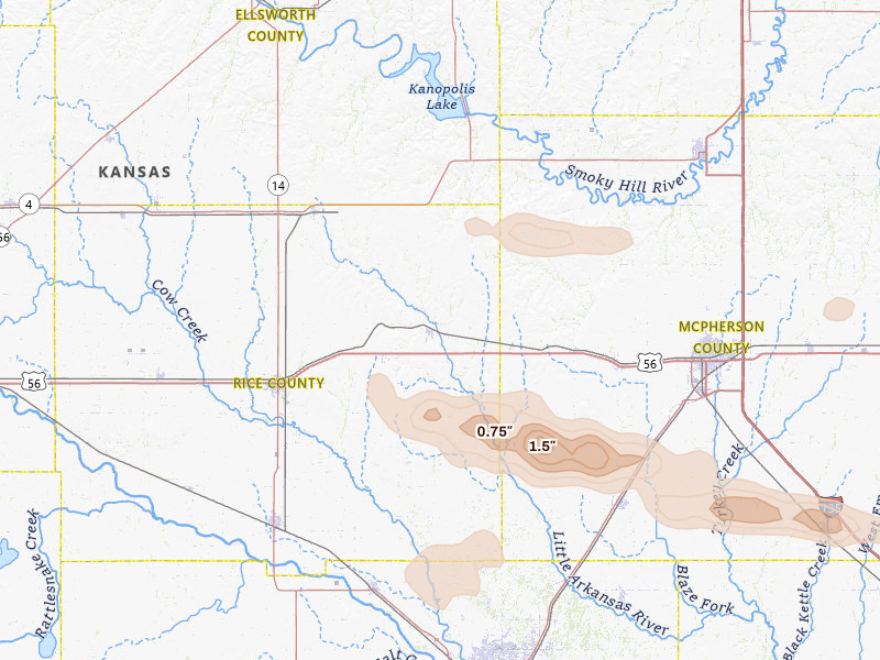 Radar-estimated hail-size map of the storm over Little River, KS on Jul 4, 2026
