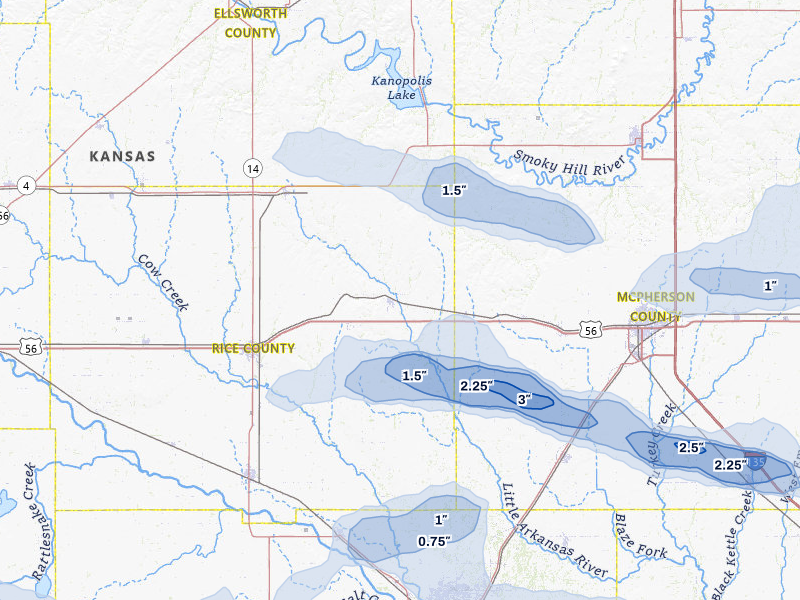 NEXRAD radar-signature map of the hail over Little River, KS