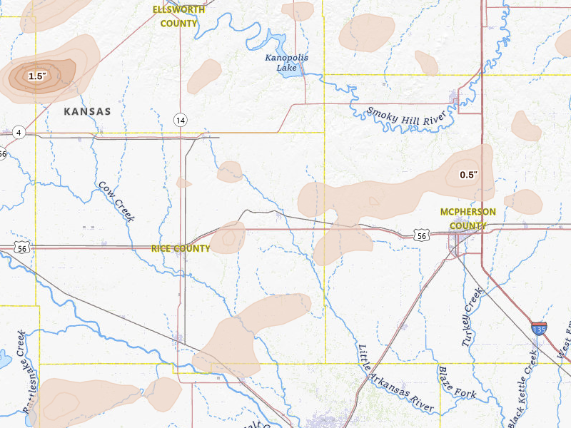 Radar-estimated hail-size map of the storm over Little River, KS on Jul 9, 2026