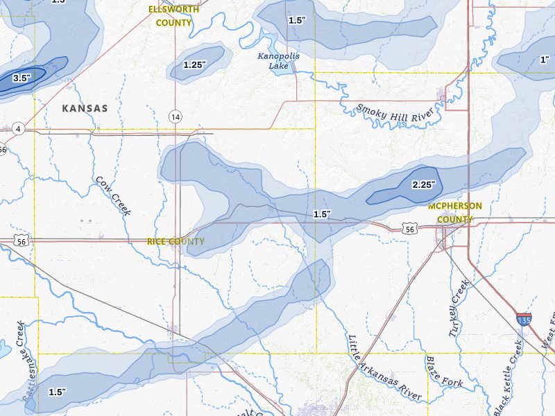 NEXRAD radar-signature map of the hail storm over Little River, KS on Jul 9, 2026