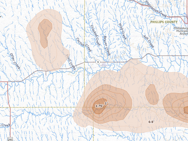 Radar-estimated hail-size map of the storm over Logan, KS on Jun 8, 2026