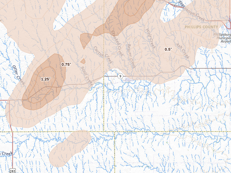 Radar-estimated hail-size map of the storm over Logan, KS on Jun 9, 2026