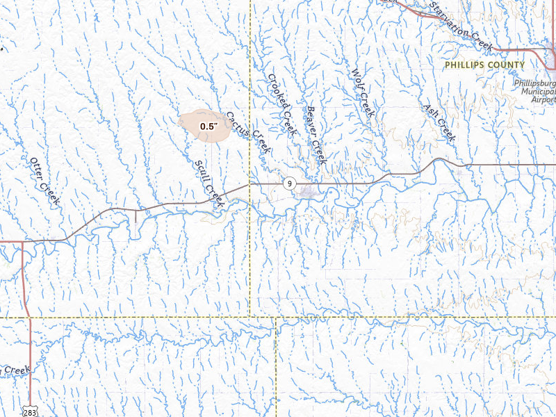 Radar-estimated hail-size map of the storm over Logan, KS on Jun 20, 2026
