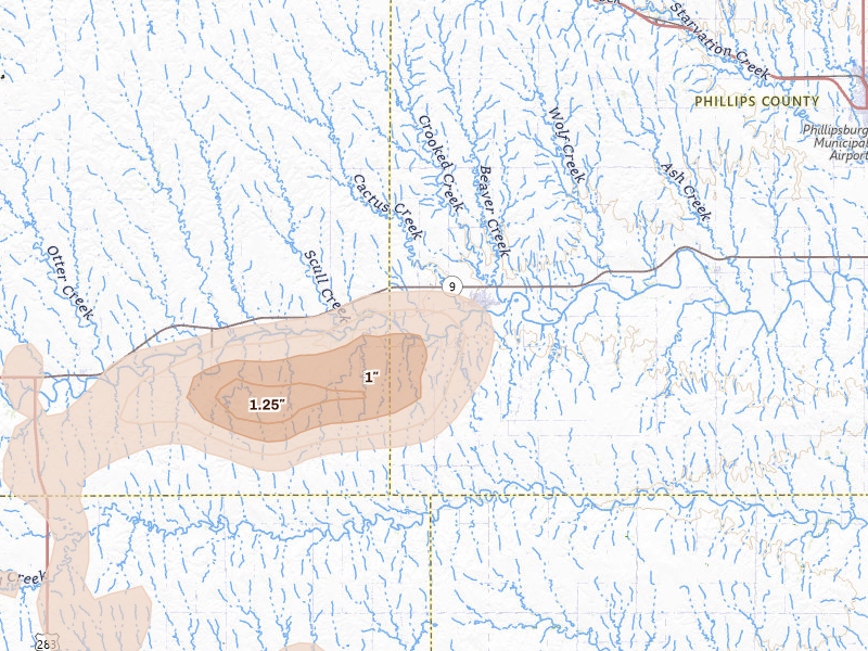 Radar-estimated hail-size map of the storm over Logan, KS on Jul 3, 2026