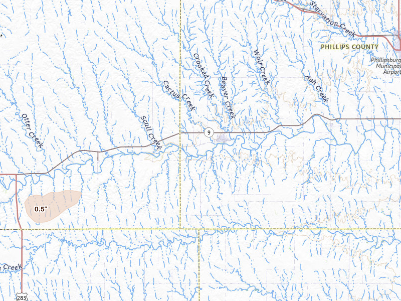 Radar-estimated hail-size map of the storm over Logan, KS on Jul 27, 2026