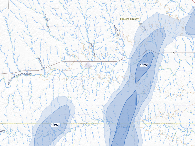 NEXRAD radar-signature map of the hail storm over Logan, KS on Aug 13, 2026