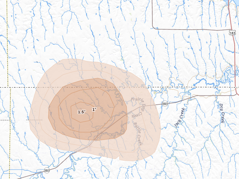 Radar-estimated hail-size map of the storm over Long Island, KS on Jun 5, 2026
