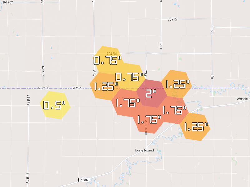 Hail map of Long Island, KS on Jun 5, 2026, hail up to 2"