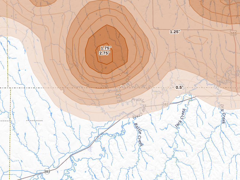 Radar-estimated hail-size map of the storm over Long Island, KS on Jun 8, 2026