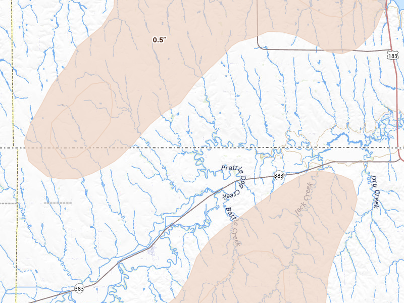 Radar-estimated hail-size map of the storm over Long Island, KS on Jun 9, 2026