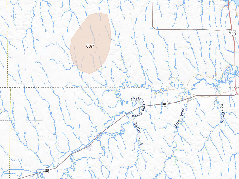 Radar-estimated hail-size map of the storm over Long Island, KS on Jun 30, 2026