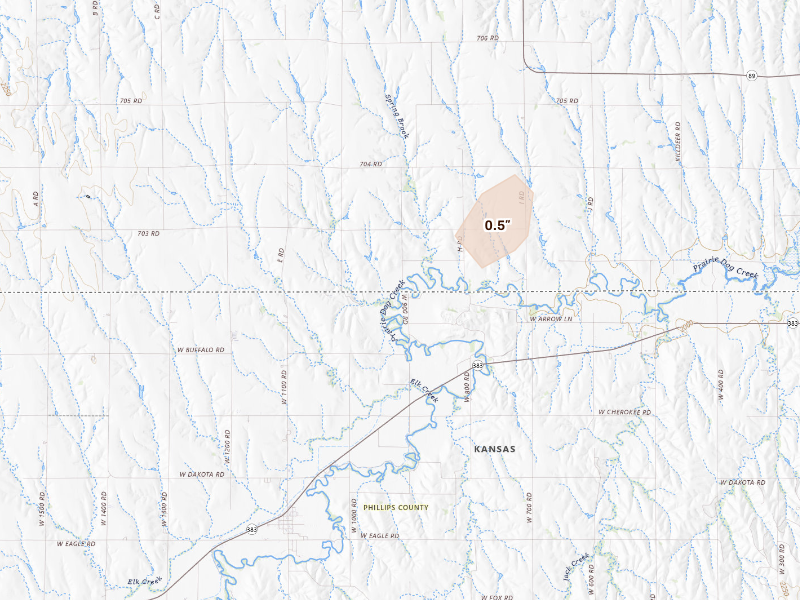 Radar-estimated hail-size map of the storm over Long Island, KS on Sep 18, 2026