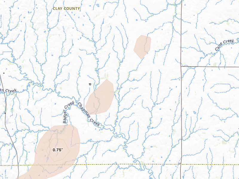 Radar-estimated hail-size map of the storm over Longford, KS on Mar 5, 2026