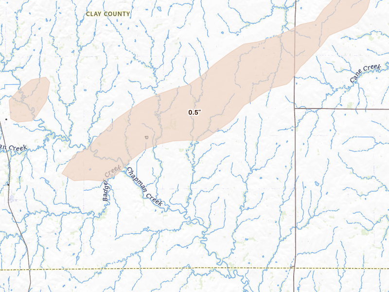 Radar-estimated hail-size map of the storm over Longford, KS on Mar 6, 2026