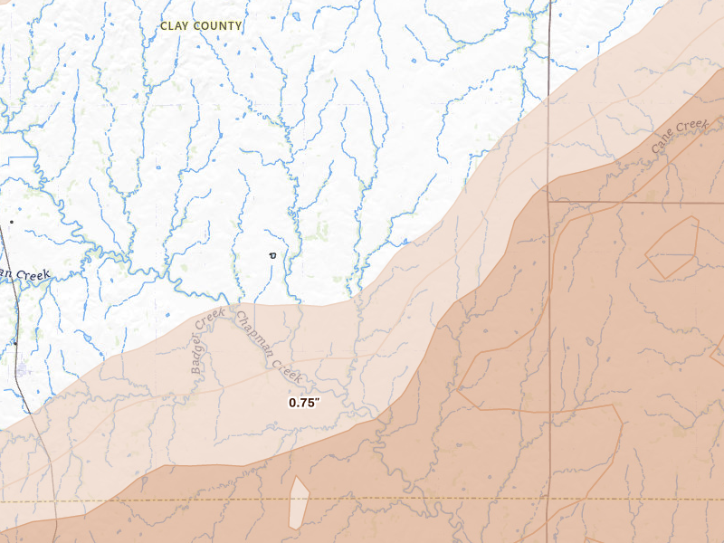 Radar-estimated hail-size map of the storm over Longford, KS on May 18, 2026