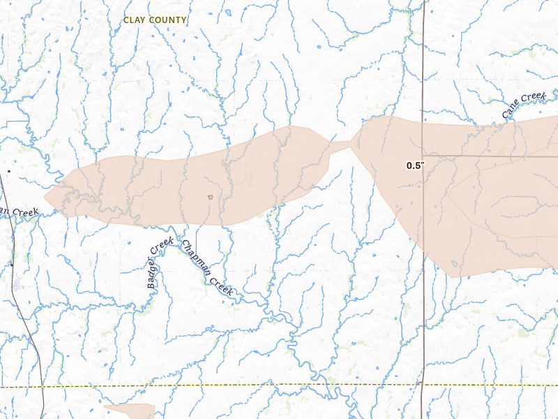 Radar-estimated hail-size map of the storm over Longford, KS on Jun 10, 2026